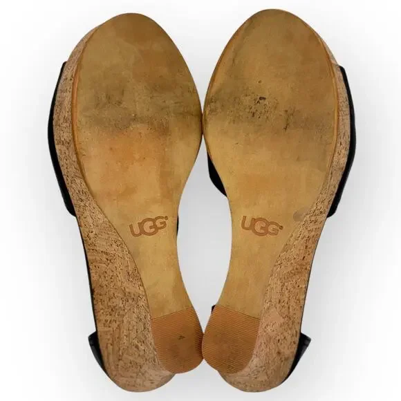 Ugg Black Leather Beaded Ankle Strap Cork Platform Wedge Sandals 8.5 Breathable - Picture 7 of 16